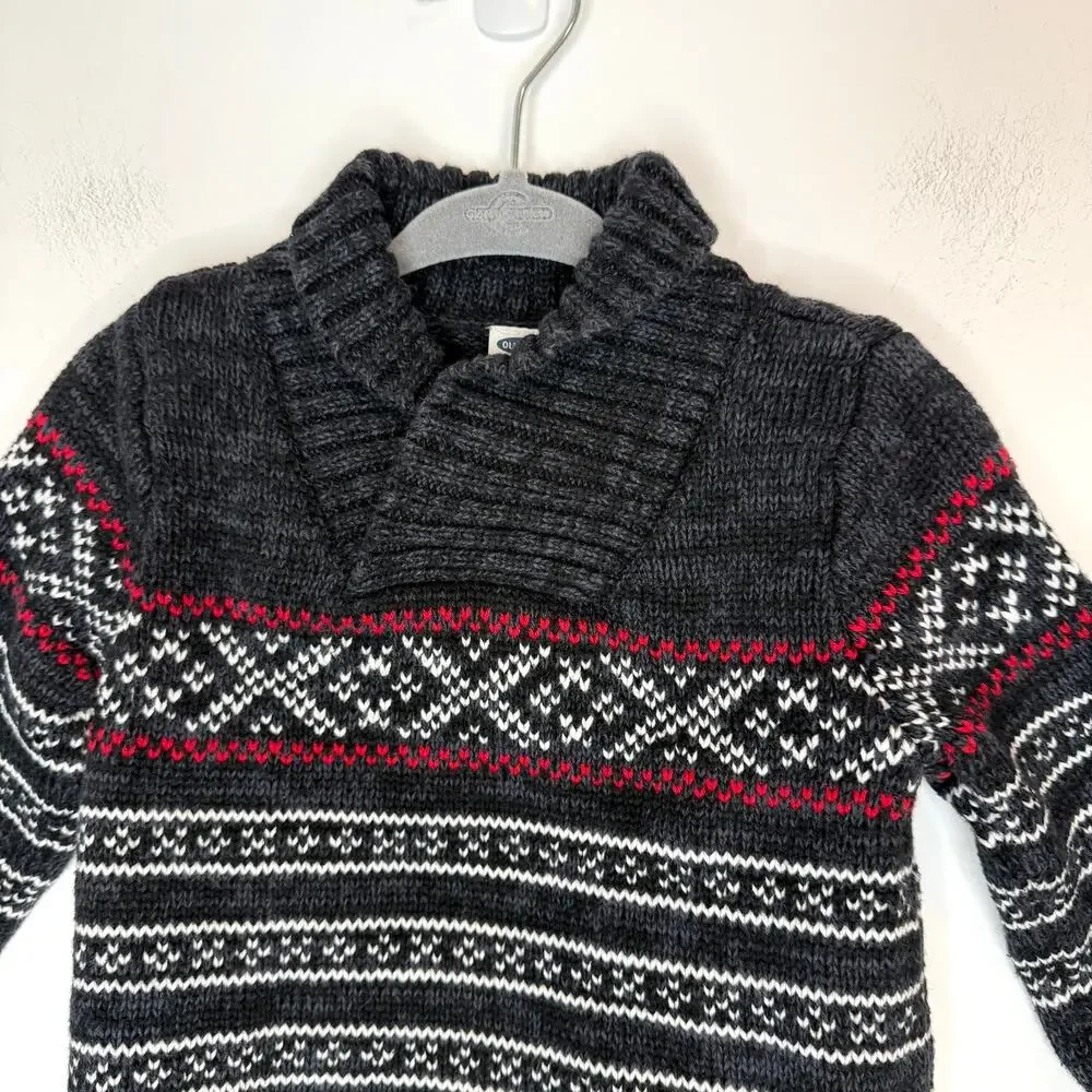 Old Navy Baby Boy Fair Isle Holiday Sweater In Gray Red White Size 6-12 Months